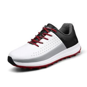 New Men's Golf Shoes Golf Waterproof Anti-slip Shoes Golf Shoes Breathable Sports Shoes Leather Outdoor Sneakers Golf Shoes (Color: white red, size: EUR45.5(US11.5))