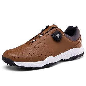 New Men's Golf Shoes Men's Waterproof Non-slip Leather Outdoor Sports Training Shoes Leather Breathable (Color: Brown, size: EUR42)