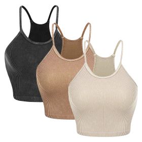 3 Pack Women Crop Basic Tank Top Ribbed Knit Sleeveless Round Neck 9 Color Machine Wash Summer Crop S to XL (Color: DGRY_Kha_Beige, size: S)