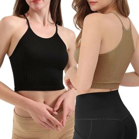 3 Pack Women Crop Basic Tank Top Ribbed Knit Sleeveless Round Neck 9 Color Machine Wash Summer Crop S to XL (Color: DGRY_Kha_Beige, size: M)