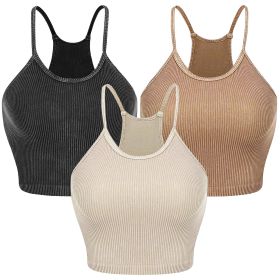 3 Pack Women Crop Basic Tank Top Ribbed Knit Sleeveless Round Neck 9 Color Machine Wash Summer Crop S to XL (Color: DGRY_Kha_Beige, size: XL)