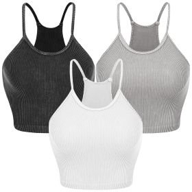 3 Pack Women Crop Basic Tank Top Ribbed Knit Sleeveless Round Neck 9 Color Machine Wash Summer Crop S to XL (Color: BLK_WHT_LGRY, size: XL)